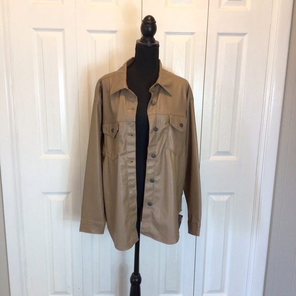 Excuse Womens Tan Faux Leather Lightweight Layering Button Up Jacket Top Large - Picture 4 of 9